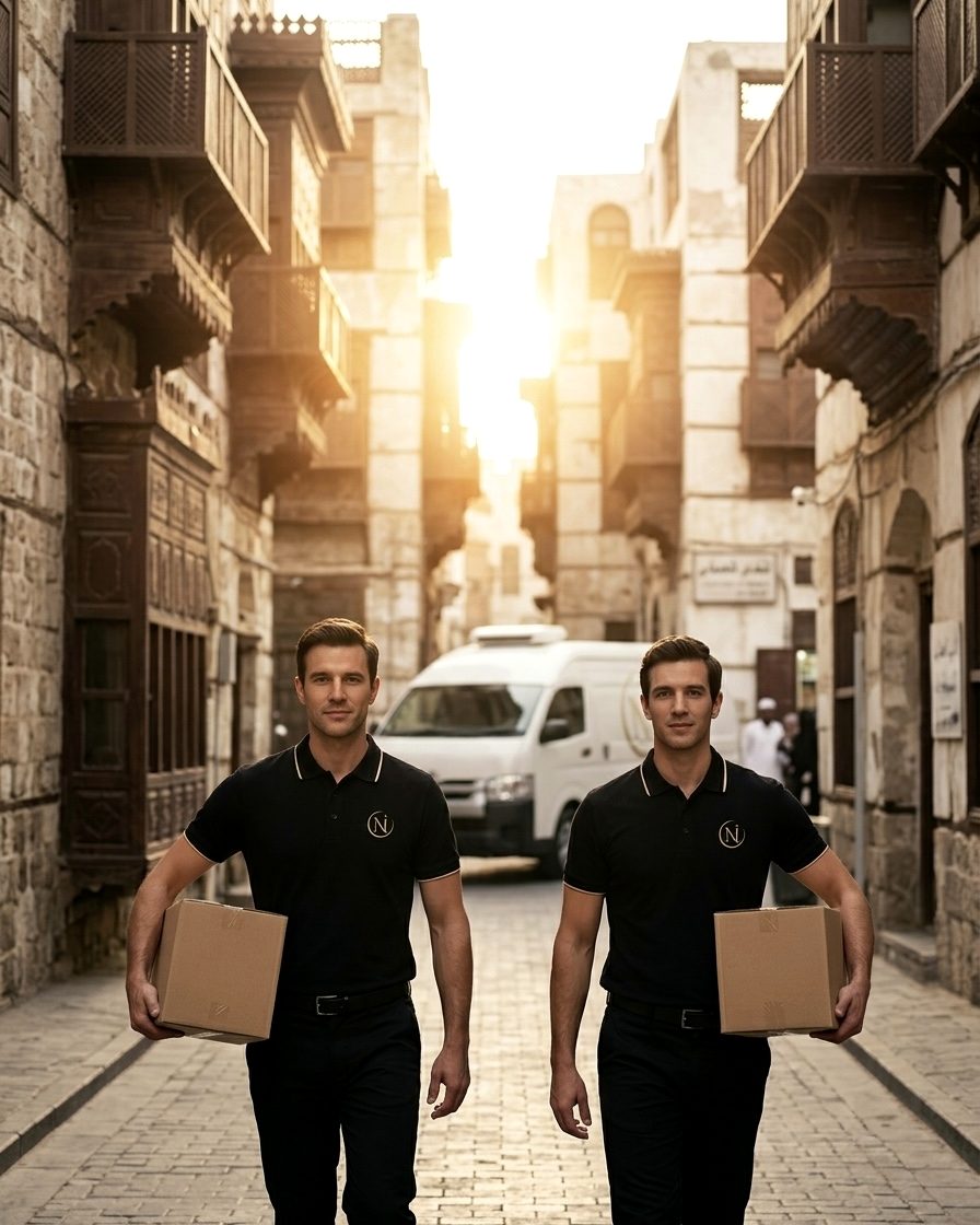 Two NUMU Foods reps carrying cartons through the coral-stone alleys of Al-Balad, historic Jeddah, at sunrise