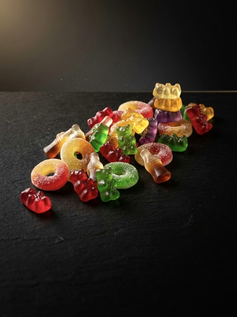 Colorful gummy bears, rings and cola bottles