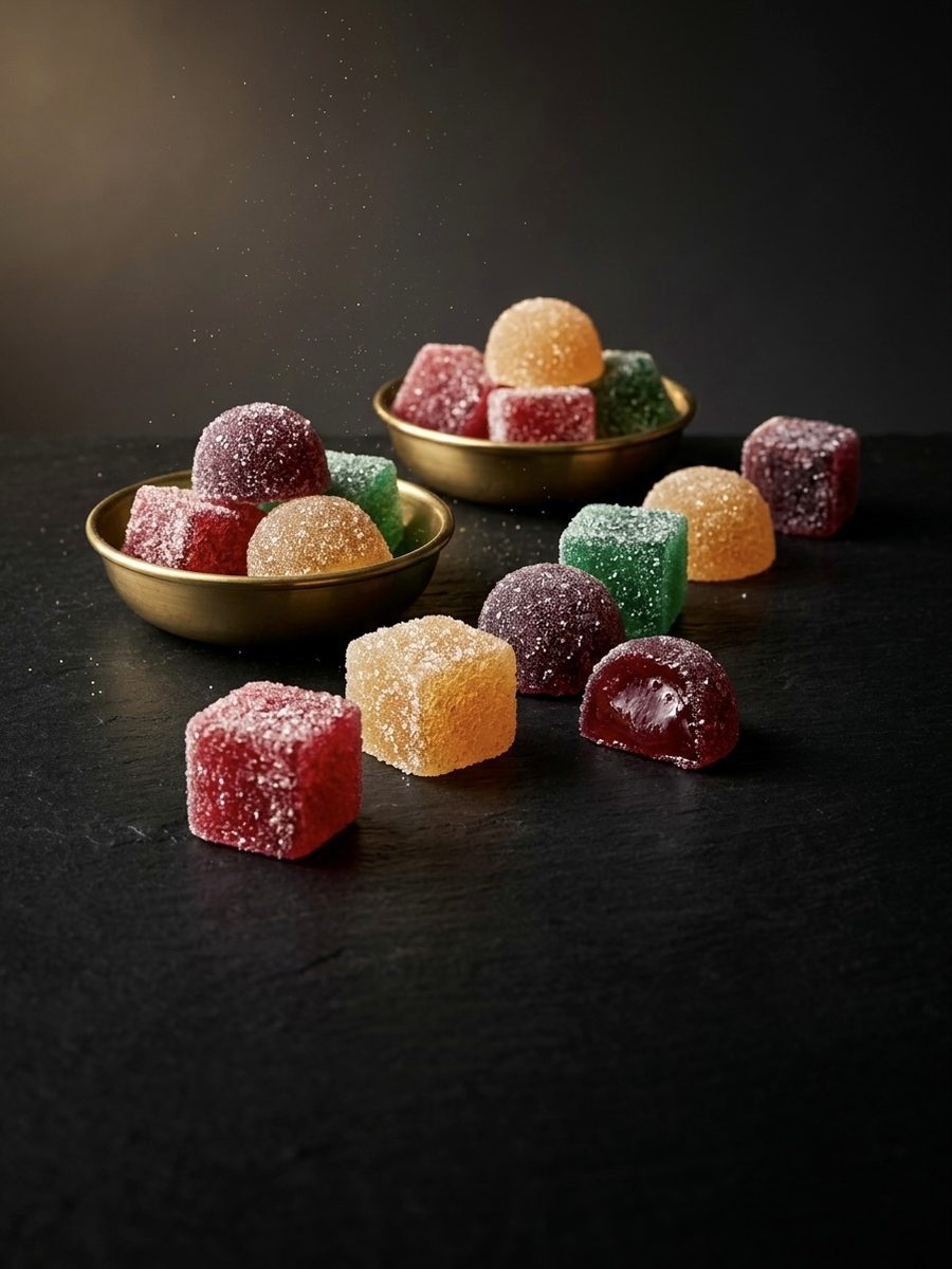 Sugar-dusted jelly candies in jewel tones