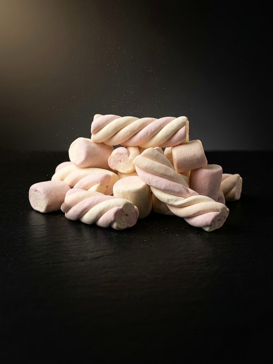 Ivory and blush twisted marshmallows piled on black slate
