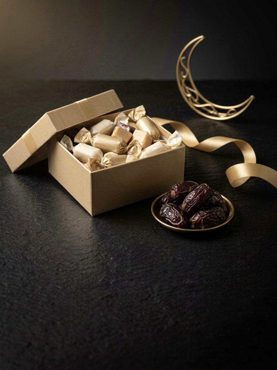 An open gold gift box of wrapped candies beside a brass dish of dates and a gold crescent ornament