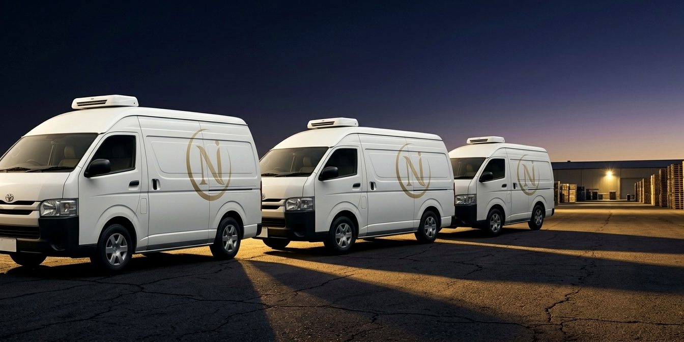 Three white NUMU Foods refrigerated delivery vans lined up at dusk outside the warehouse