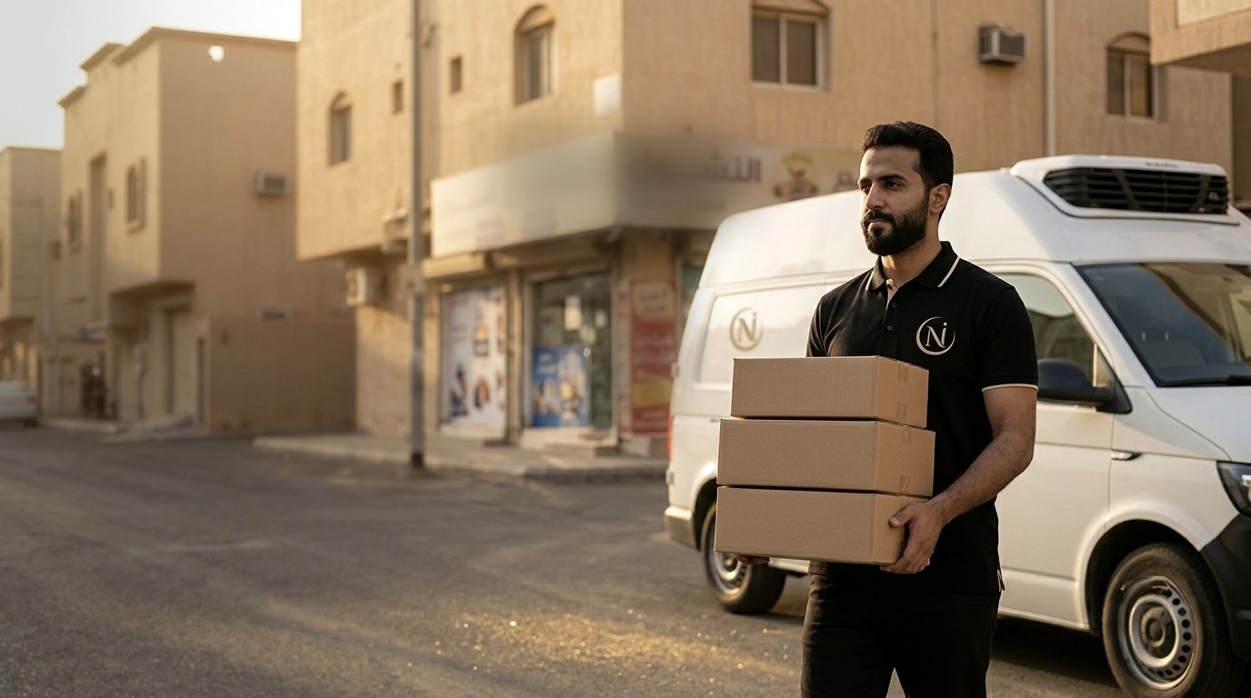 A NUMU Foods rep carrying cartons from a refrigerated van to a baqala storefront at golden hour