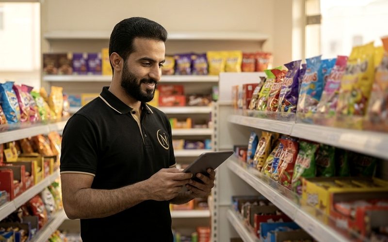 A NUMU Foods merchandiser checking candy-aisle shelves with a tablet in a Saudi minimarket