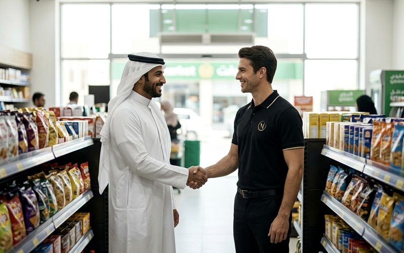 A NUMU Foods rep shaking hands with a retail partner in a bright minimarket aisle