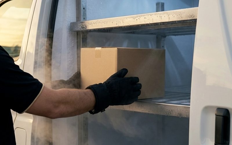 A gloved hand loading a carton into the frosted cold-chain compartment of a delivery van