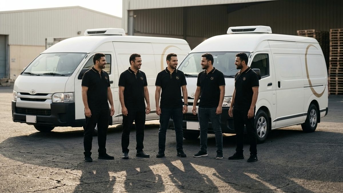 Five uniformed NUMU Foods route team members standing between two refrigerated vans outside the warehouse